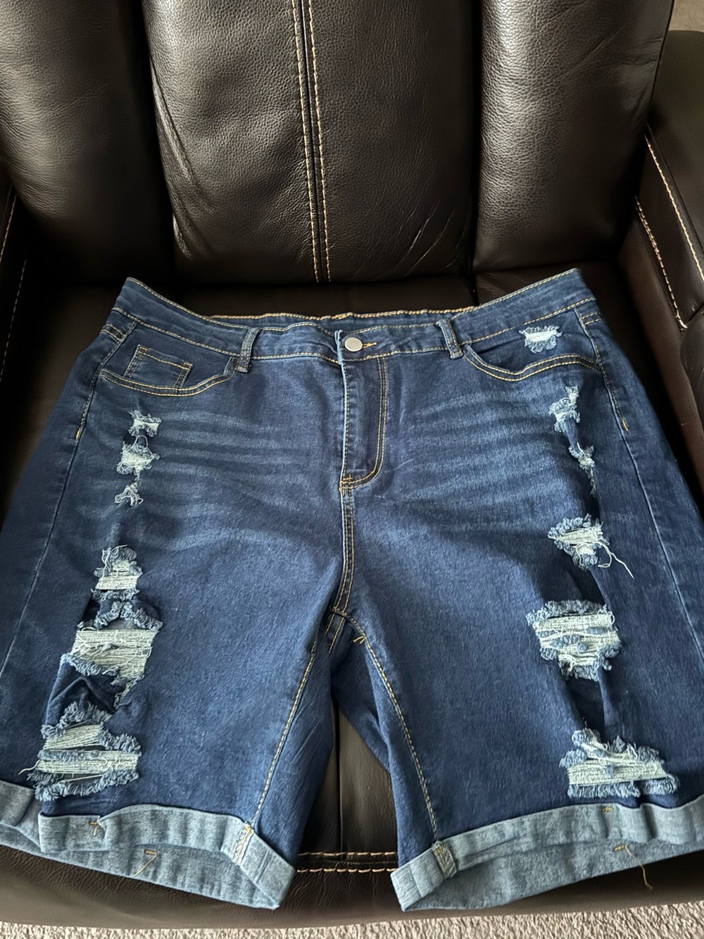 Women’s Distressed Dark Blue Denim Jean Shorts with Rolled Hem